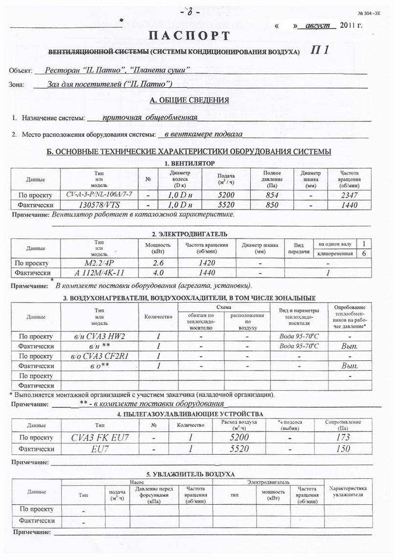 Образец паспорт на вентиляционную систему образец заполнения