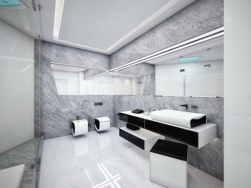 Ванная комната в стиле хай-тек, фото дизайна мебели и плитки хайтек