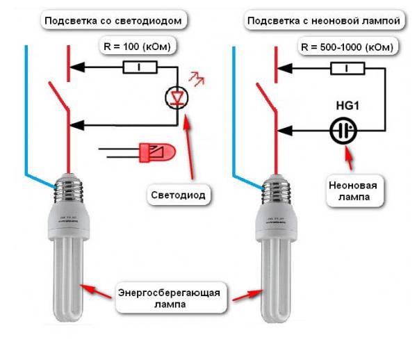 Схемы подключения выключателя с подсветкой на светодиоде и неоновой лампочке, инструкция