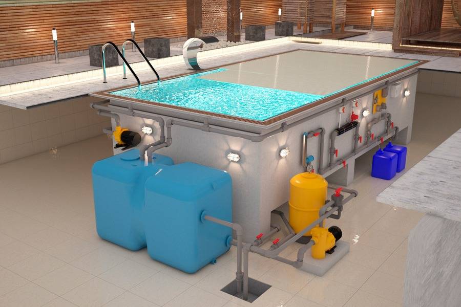 Оборудование для бассейнов: насосы, теплообменники, фильтровальные емкости, плавающие покрытия и химия