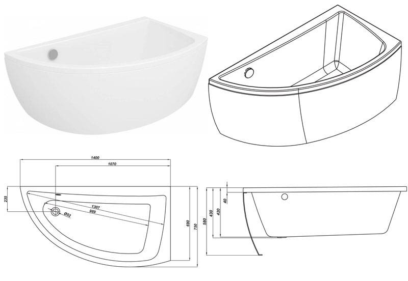 Размеры и установка угловых ассиметричных акриловых ванн