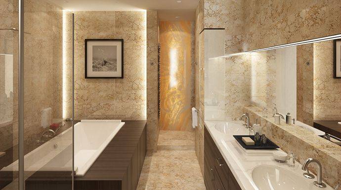 Плитка под мрамор для ванной комнаты, дизайн ванной в сером и белом мраморе, сочетание с деревом